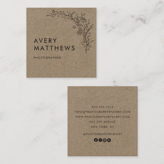 Hand drawn Botanical Greenery Minimal Rustic Vierkante Visitekaartje (Voorkant / Achterkant)