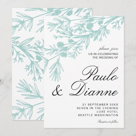 Hand Drawn Botanical Leaves Wedding Invitation Kaart (Voorkant / Achterkant)