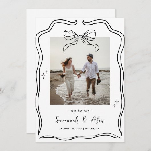 Hand Drawn Bow Frame Coquette Doodle Wedding Fun Save The Date (Voorkant / Achterkant)