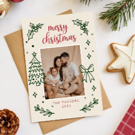 Hand Drawn Bow Minimalist Family Christmas Photo Feestdagenkaart