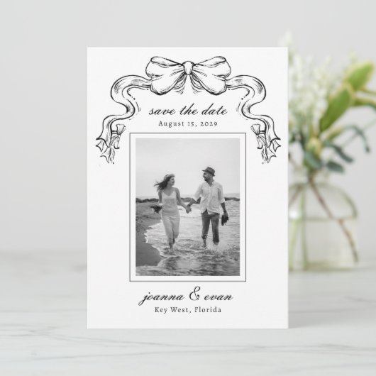 Hand Drawn Bow & Photo Modern Wedding Save The Date (Staand voorkant)