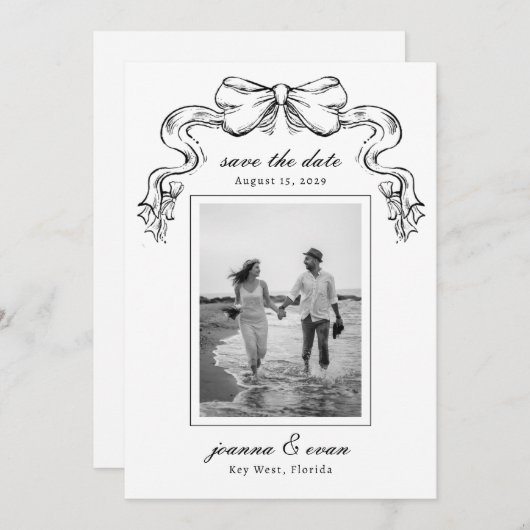 Hand Drawn Bow & Photo Modern Wedding Save The Date (Voorkant / Achterkant)