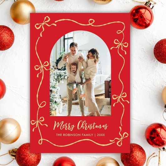 Hand Drawn Bows Arch 2 Photo Merry Christmas Red Feestdagenkaart