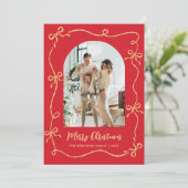 Hand Drawn Bows Arch 2 Photo Merry Christmas Red Feestdagenkaart (Staand voorkant)