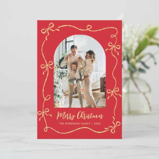 Hand Drawn Bows Arch 2 Photo Merry Christmas Red Feestdagenkaart (Staand voorkant)
