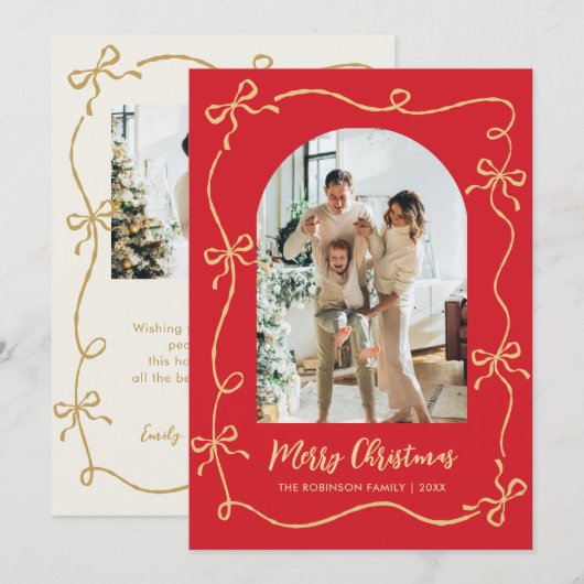 Hand Drawn Bows Arch 2 Photo Merry Christmas Red Feestdagenkaart (Voorkant / Achterkant)