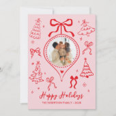 Hand Drawn Bows Photo Pink and Red Christmas Happy Feestdagenkaart (Voorkant)