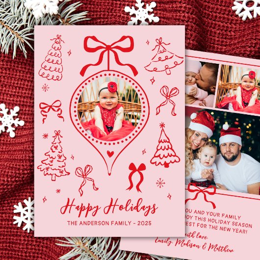 Hand Drawn Bows Photo Pink and Red Christmas Happy Feestdagenkaart