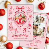Hand Drawn Bows Photo Pink and Red Christmas Happy Feestdagenkaart