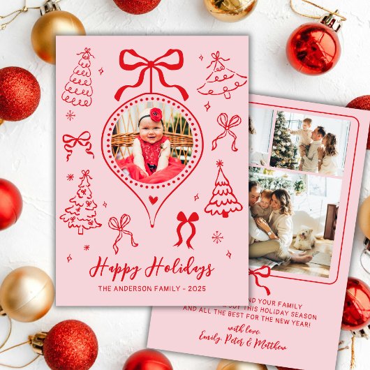 Hand Drawn Bows Photo Pink and Red Christmas Happy Feestdagenkaart