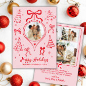 Hand Drawn Bows Photo Pink and Red Christmas Happy Feestdagenkaart