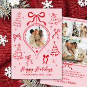 Hand Drawn Bows Photo Pink and Red Christmas Happy Feestdagenkaart