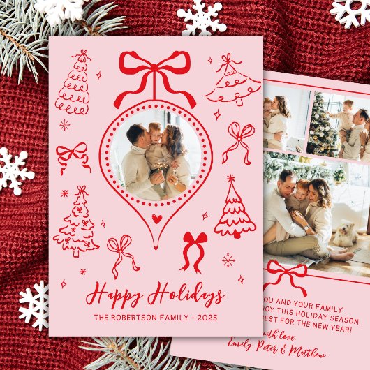 Hand Drawn Bows Photo Pink and Red Christmas Happy Feestdagenkaart