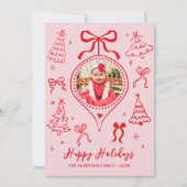 Hand Drawn Bows Photo Pink and Red Christmas Happy Feestdagenkaart (Voorkant)