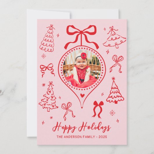 Hand Drawn Bows Photo Pink and Red Christmas Happy Feestdagenkaart (Voorkant)