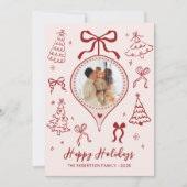 Hand-Drawn Bows Pink Red Photo Christmas Happy  Feestdagenkaart (Voorkant)