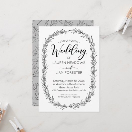 Hand Drawn Branch Lijst Wedding Invitation Kaart (Voorkant / Achterkant in situ)