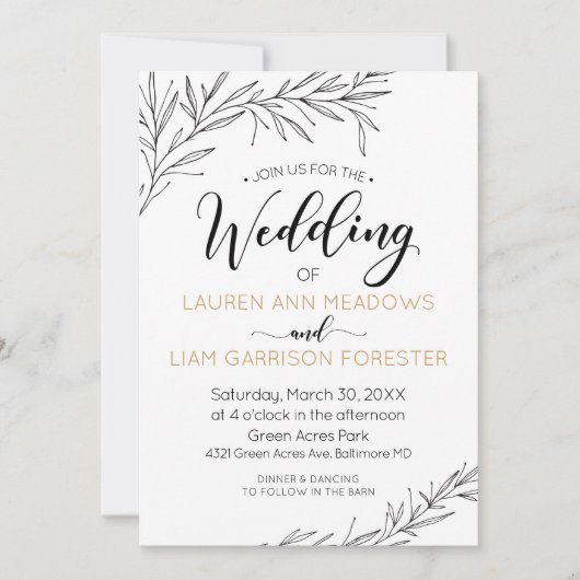 Hand Drawn Branches Wedding Invitation Kaart (Voorkant)