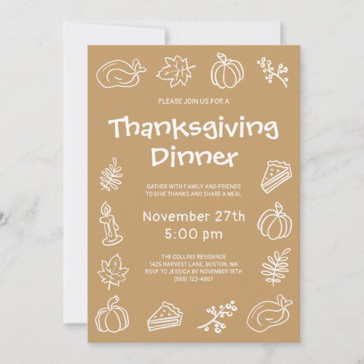 Hand Drawn Brown Whimsical Thanksgiving Dinner Kaart (Voorkant)