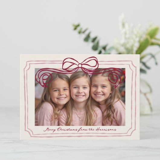 Hand Drawn Burgundy Blush Bow Frame Feestdagenkaart (Staand voorkant)