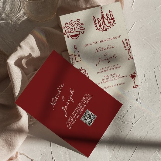 Hand Drawn Burgundy Whimsical QR Code Wedding Kaart