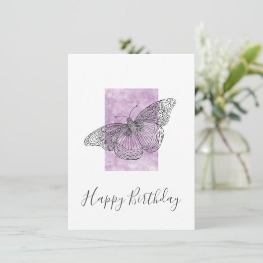Hand Drawn Butterfly, Waterverf Plum Abstract Kaart (Staand voorkant)