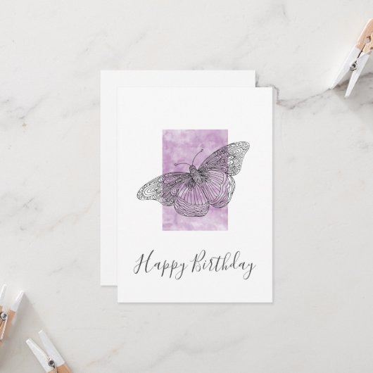 Hand Drawn Butterfly, Waterverf Plum Abstract Kaart (Voorkant / Achterkant in situ)