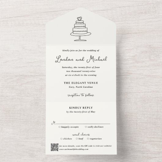 Hand Drawn Cake Doodle QR Code Modern Wedding All In One Uitnodiging (Binnen)