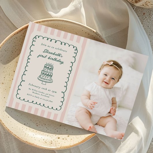 Hand Drawn Cake Quirky Unique 1st Birthday Photo Kaart