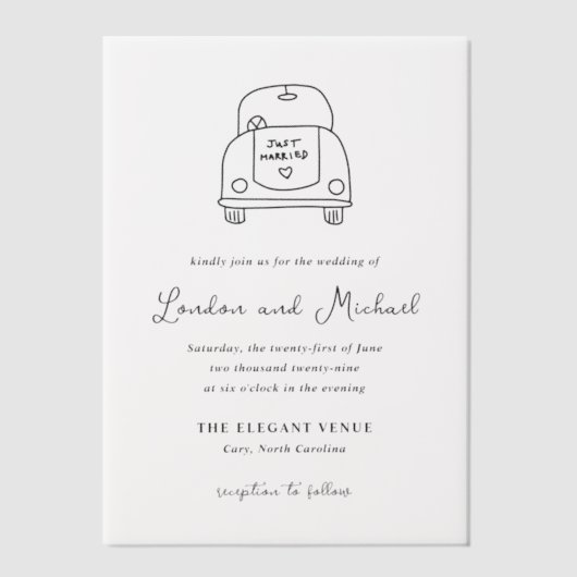Hand Drawn Car Doodle Modern Wedding Vellum Uitnodigingen (Voorkant)