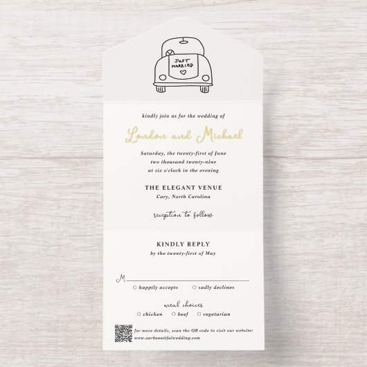 Hand Drawn Car Doodle QR Code Modern Wedding All In One Uitnodiging (Binnenkant)