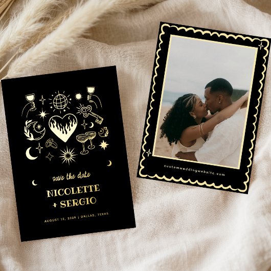 Hand Drawn Celestial Wedding Save the Date in Gold Folie Uitnodiging