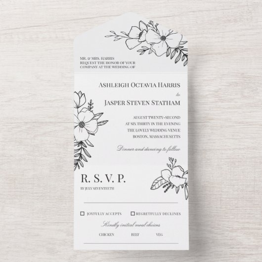 Hand Drawn Charcoal and White Flowers Wedding All In One Uitnodiging (Binnen)