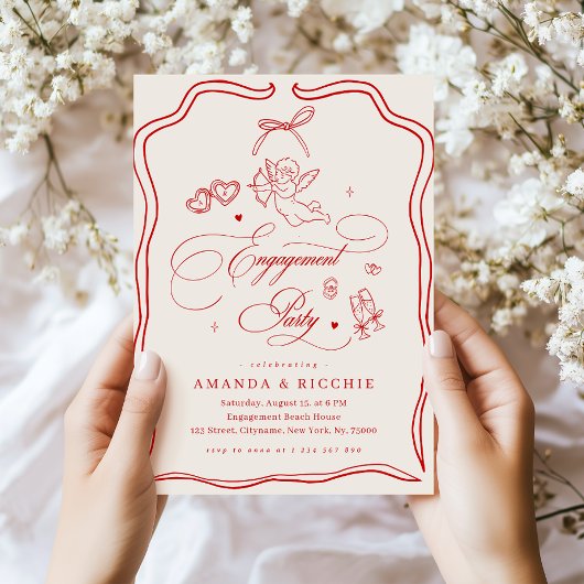 Hand Drawn Cherub Vintage Cupid Engagement Party Kaart
