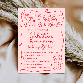 Hand Drawn Cherubs Pink Red Galentine's Day Party Kaart