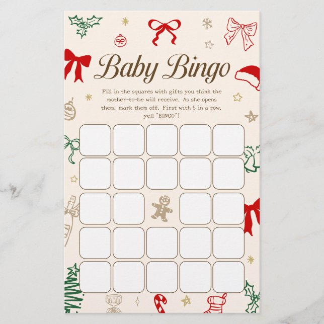 Hand Drawn Christmas Baby Shower Bingo Game (Voorkant)