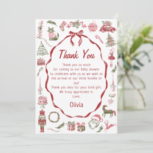Hand Drawn Christmas Baby Shower Thank You Card Bedankkaart (Staand voorkant)