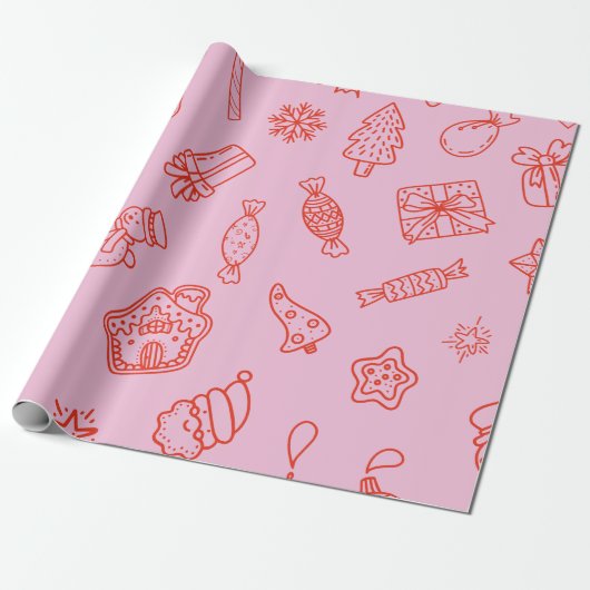 Hand drawn  Christmas Pink and Red Cadeaupapier (Uitgerold)
