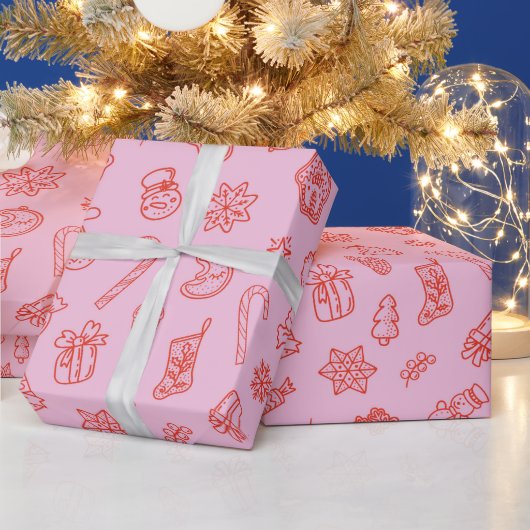 Hand drawn  Christmas Pink and Red Wrapping Paper Cadeaupapier (Feestdagen)