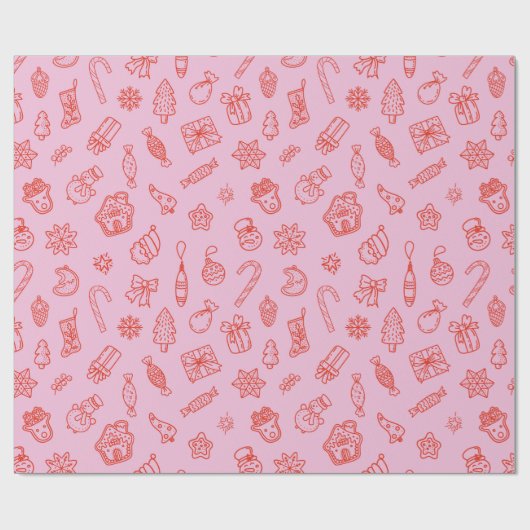 Hand drawn  Christmas Pink and Red Wrapping Paper Cadeaupapier (Vlak)