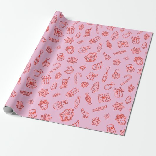 Hand drawn  Christmas Pink and Red Wrapping Paper Cadeaupapier (Uitgerold)