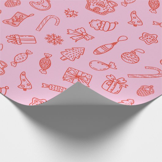 Hand drawn  Christmas Pink and Red Wrapping Paper Cadeaupapier (Hoek)