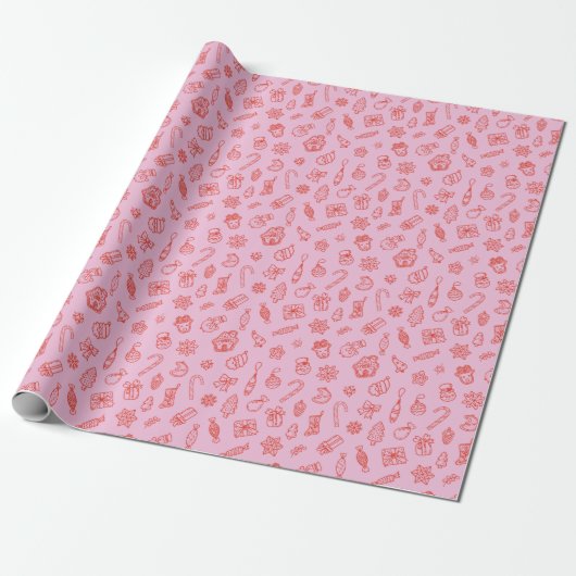 Hand drawn  Christmas Pink and Red Wrapping Paper Cadeaupapier (Uitgerold)