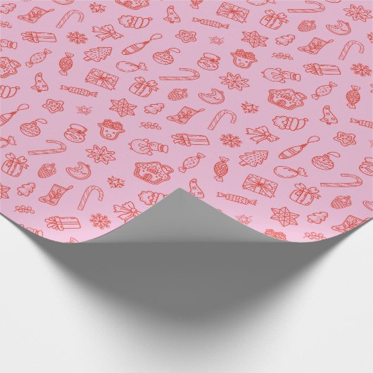 Hand drawn  Christmas Pink and Red Wrapping Paper Cadeaupapier (Hoek)