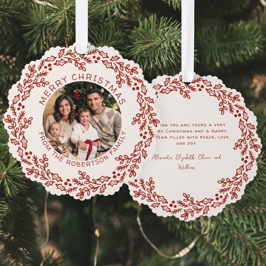 Hand Drawn Christmas Wreath Photo Ornament Kaart