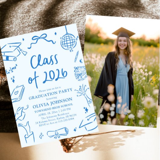 Hand Drawn Class of 2026 Blue Graduation Party Kaart