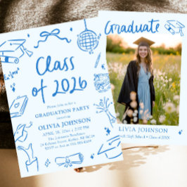 Hand Drawn Class of 2026 Blue Graduation Party Kaart