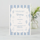 Hand drawn coastal beach dusty blue ivory wedding kaart (Staand voorkant)