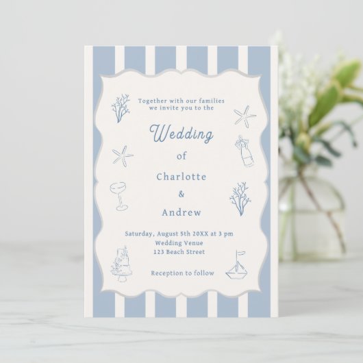 Hand drawn coastal beach dusty blue ivory wedding kaart (Staand voorkant)
