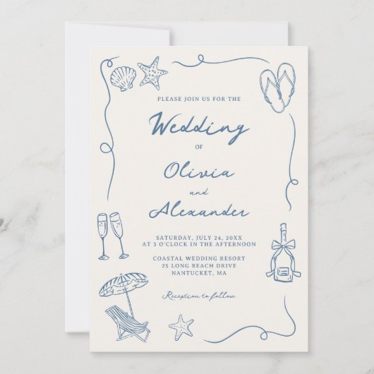 Hand Drawn Coastal Beach Dusty Blue Ivory Wedding Kaart (Voorkant)